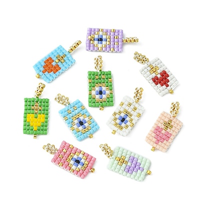2Pcs 2 Style Handmade MIYUKI Japanese Seed Loom Pattern Seed Beads, Rectangle with Heart & Evil Eye Pendants
