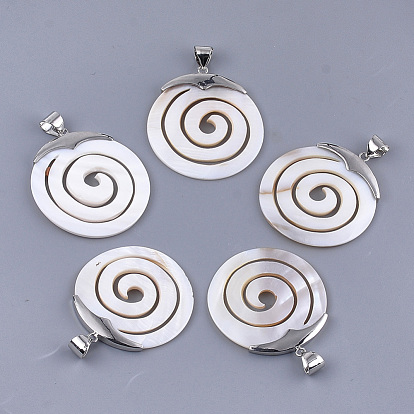 Freshwater Shell Pendants, with Alloy Findings, Flat Round with Vortex