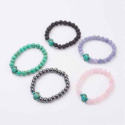 Gemstone Beaded Stretch Bracelets, with Synthetic Turquoise(Dyed) Tortoise Bead