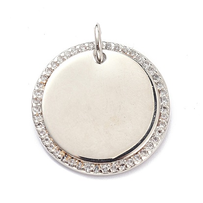 Brass Micro Pave Clear Cubic Zirconia Pendants, with Jump Ring, Stamping Blank Tag, Long-Lasting Plated, Flat Round