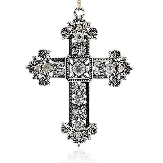 Antique Silver Plated Alloy Rhinestone Cross Big Pendants, Budded Cross