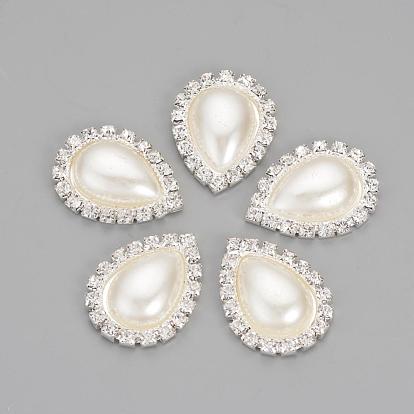 Cabujones traseros planos de diamantes de imitación de latón, con abs de plástico imitación perla, gota, el color plateado de plata