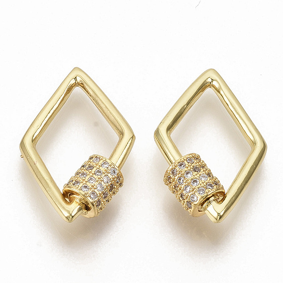 Brass Micro Pave Clear Cubic Zirconia Screw Carabiner Lock Charms, for Necklaces Making, Rhombus, Real 16K Gold Plated