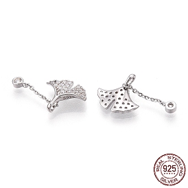 925 Sterling Silver Micro Pave Cubic Zirconia Charms, Ginkgo Leaf, Nickel Free