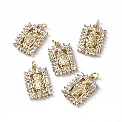 Brass Clear Cubic Zirconia Pendants, with Jump Ring, Rectangle with Virgin Mary Charms