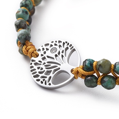 Bracelets de perles tressées en fil de nylon ajustable, avec des perles de pierres précieuses naturelles et 316 maillons en zircone cubique micro-pavés en acier inoxydable chirurgical, plat et circulaire avec arbre de vie