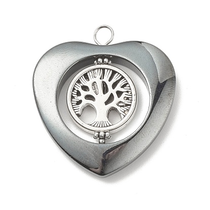 Non-magnetic Synthetic Hematite Pendants, with Alloy Findings, Heart with Tree, Antique Silver