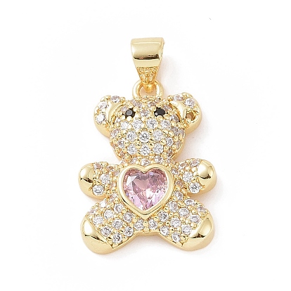 Brass Micro Pave Cubic Zirconia Pendants, with Glass, Bear with Heart Charm, Golden