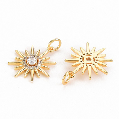 Brass Micro Pave Clear Cubic Zirconia Solar Eclipse Pendants, with Jump Rings, Nickel Free, Sun