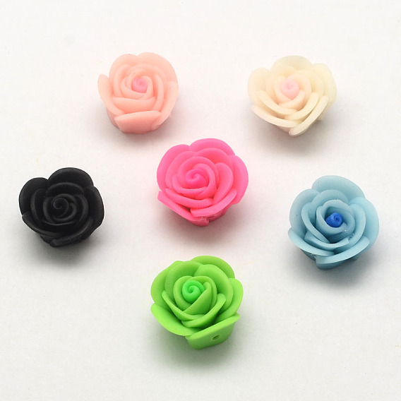 Handmade Polymer Clay 3D Flower Rose Beads, 20x12mm, Hole: 2mm