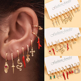 European and American Personality HOOP Earrings Snake-shaped Copper Ear Buckle Hand Cross Earrings Set