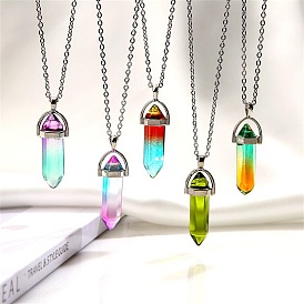Colorful Hexagonal Prism Pendant Necklace with Bullet-shaped Crystal for Men and Women