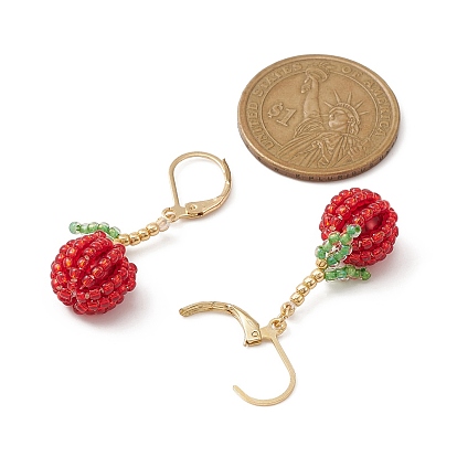 Apple Glass Seed Bead Braided Dangle Earrings, 304 Stainless Steel Leverback Earrings, for Women, Teacher's Day