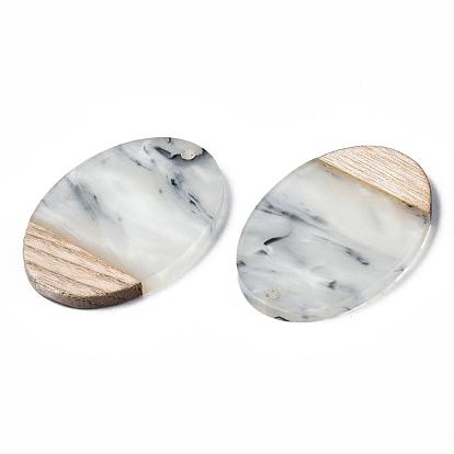 Transparent Resin & Walnut Wood Pendants, Two Tone, Oval