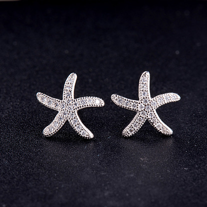 SHEGRACE Delicate Rhodium Plated 925 Sterling Silver Ear Studs, Micro Pave AAA Cubic Zirconia Starfish/Sea Stars, 11mm, Pin: 0.7mm