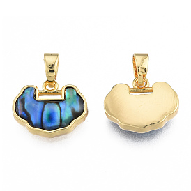 Synthetic Abalone Shell/Paua Shell Charms with Real 18K Gold Plated Brass Findings, Nickel Free, Lucky Longevity Lock