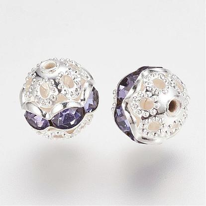 Perles en laiton de strass, Grade a, couleur argent plaqué, ronde, 8 mm de diamètre, Trou: 1mm