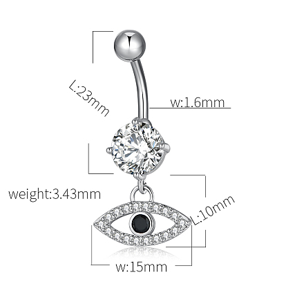 Piercing Jewelry, Brass Cubic Zirconia Navel Ring, Belly Rings, with 304 Stainless Steel Bar, Lead Free & Cadmium Free, Horse Eye