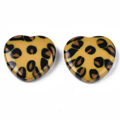 Two Tone Acrylic Beads, with Leopard Pattern, Imitation Gemstone, Heart