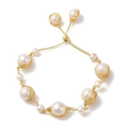 Natural Pearl Links Silder Bracelets, Brass Wire Wrapped Bracelet