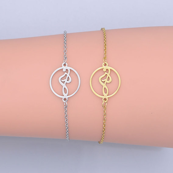 201 Stainless Steel Link Bracelets, with Lobster Claw Clasps, Flat Round with Treble Clef