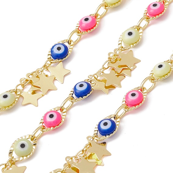 Handmade Eco-friendly Brass Star Link Chain, with Glass Evil Eye Beaded, Real 18K Gold Plated, Lead Free & Cadmium Free, Soldered, with Spool