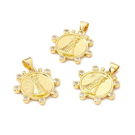 Rack Plating Brass Micro Pave Clear Cubic Zirconia Pendants, Long-Lasting Plated, Cadmium Free & Lead Free, Flower with Virgin Mary