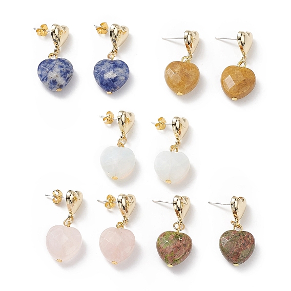 5 paires 5 boucles d'oreilles pendantes en forme de cœur avec pierres précieuses mélangées naturelles et synthétiques, bijoux en alliage pour femmes