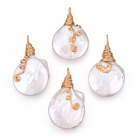 Natural Baroque Pearl Keshi Pearl Pendants, Flat Round Cultured Freshwater Pearl Charms with Brass Wire Wrapped, Lead Free & Nickel Free & Cadmium Free, Long-Lasting Plated