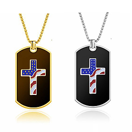 Independence Day National Flag Enamel Cross Rectangle Pendant Necklace, Alloy Jewelry for Men