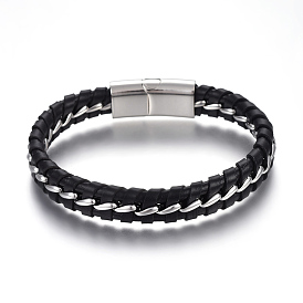  Bracelets de cordon en cuir, avec 304 fermoirs magnétiques en acier inoxydable, noir