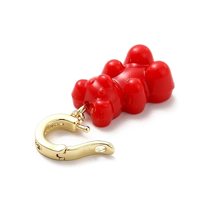 Plastic Bear Dangle Hoop Earrings with Clear Cubic Zirconia, Golden Brass Jewelry for Women