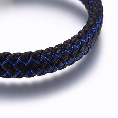Leather Braided Cord Bracelets, with Nylon and 304 Stainless Steel Magnetic Clasp, Rectangle