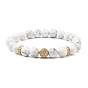 Natural Mixede Stone Round Beads Stretch Bracelets Set, Round & Tube Brass Micro Pave Cubic Zirconia Beads Bracelets