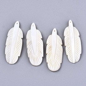 Natural Freshwater Shell Pendants, Carved, Feather