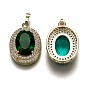 Golden Plated Brass Micro Pave Clear Cubic Zirconia Pendants, with Glass, with Snap on Bails, Long-Lasting Plated, Oval