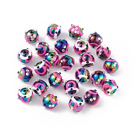 UV Plating Rainbow Iridescent Acrylic Enamel Beads, with Rhinestone, Bumpy, Round