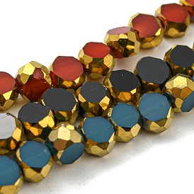 Electroplate Glass Beads Strands, with Golden Plated Edge, Faceted Flat Round
