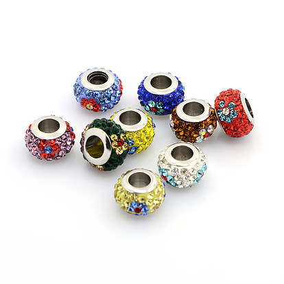 201 Stainless Steel Polymer Clay Grade A Rhinestone European Beads, Large Hole Rondelle Beads, 12x7mm, Hole: 5mm