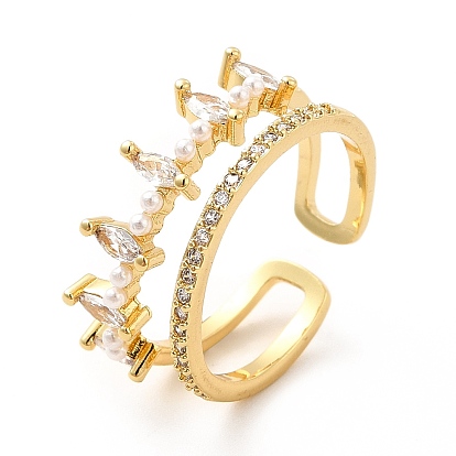 Прозрачная корона из кубического циркония, открытое кольцо-манжета с пластиковой жемчужной бусиной, украшения из латуни для женщин