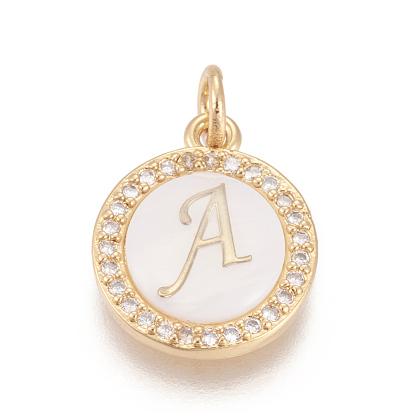 Brass Micro Pave Cubic Zirconia Pendants, with Shell, Long-Lasting Plated, Lead Free & Cadmium Free & Nickel Free, Real 18K Gold Plated, Flat Round with Letter, Clear