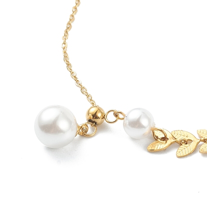 304 pendentifs en acier inoxydable, avec des chaînes de perles et d'épis d'imitation acrylique, ballon rond, blanc
