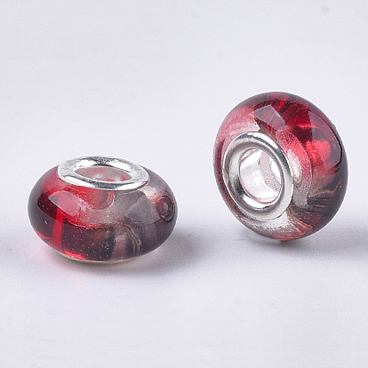 Resin European Beads, Large Hole Beads, with Silver Color Brass Cores, Two Tone, Rondelle