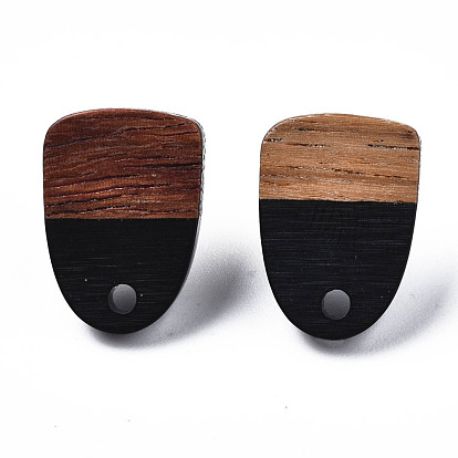 Opaque Resin & Walnut Wood Stud Earring Findings, with 304 Stainless Steel Pin and Hole, Two Tone, Half Oval