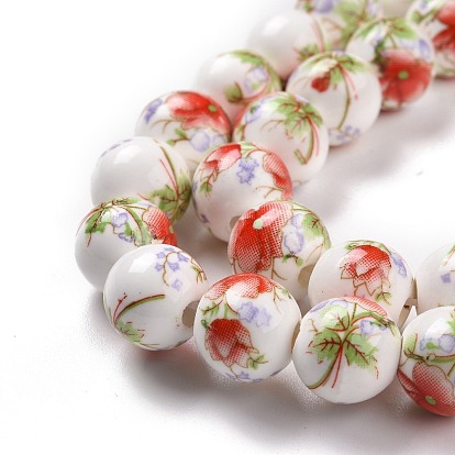 Handmade Flower Printed Porcelain Ceramic Beads Strands, Round, 10mm, Hole: 2mm, about 35pcs/strand, 13.5 inch