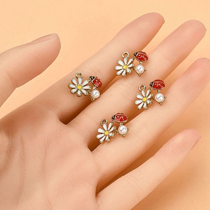 Alloy Enamel Pendants, Cadmium Free & Lead Free, ABS Plastic Imitation Pearl, Flower with Ladybug, Light Gold