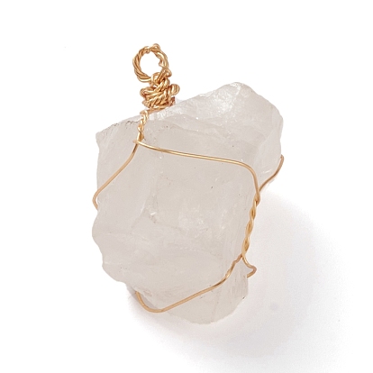 Natural Raw Rough Quartz Crystal Wire Wrapped Pendants, with Golden Eco-Friendly Copper Wire, Nuggets