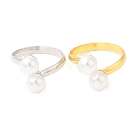 Rack Plating Brass Open Cuff Rings with Round Plastic Pearl Beads for Women, Lead Free & Cadmium Free, Long-Lasting Plated