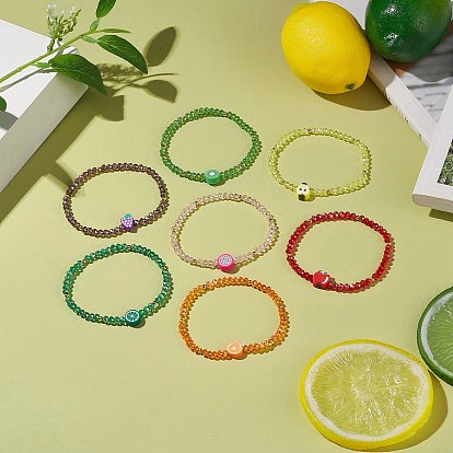 7Pcs 7 Style Glass Beaded Stretch Bracelets Set, Lemon & Kiwi & Pear & Apple & Pitaya & Orange Polymer Clay Stackable Bracelets for Women