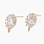Brass Stud Earring Findings, with Loop, Real 18K Gold Plated, with Cubic Zirconia, Oval, Clear